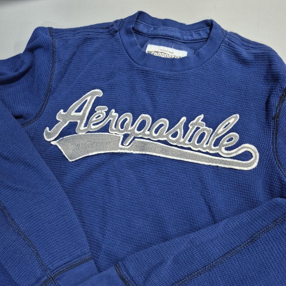 Y2K Aeropostale Shirt Mens Large Blue Thermal Waffle Knit Preppy Vintage Varsity